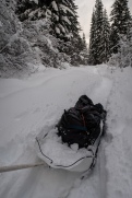 The pulk is just a little too wide for the trench created by my snowshoes, which means I tend to pick up a lot of snow as I go.